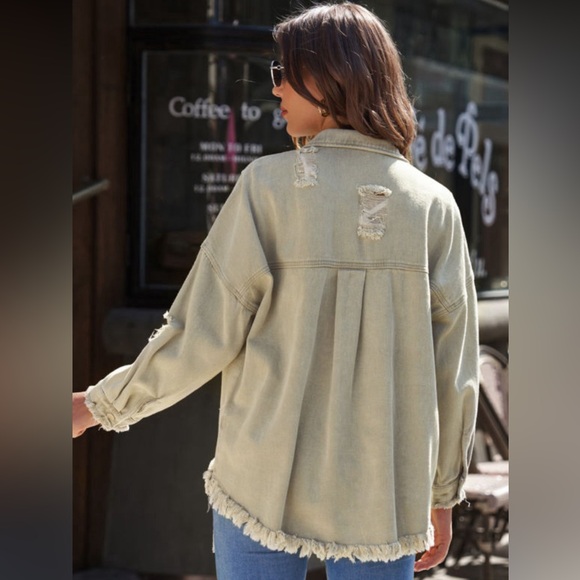 Olive Green Distressed with Frayed Hem Button Down Denim Jacket, Relaxed Fit, M - Picture 8 of 14